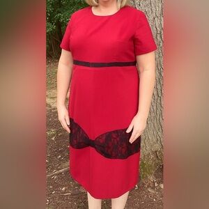 Vintage handmade red modest/Mennonite maxi dress with black lace